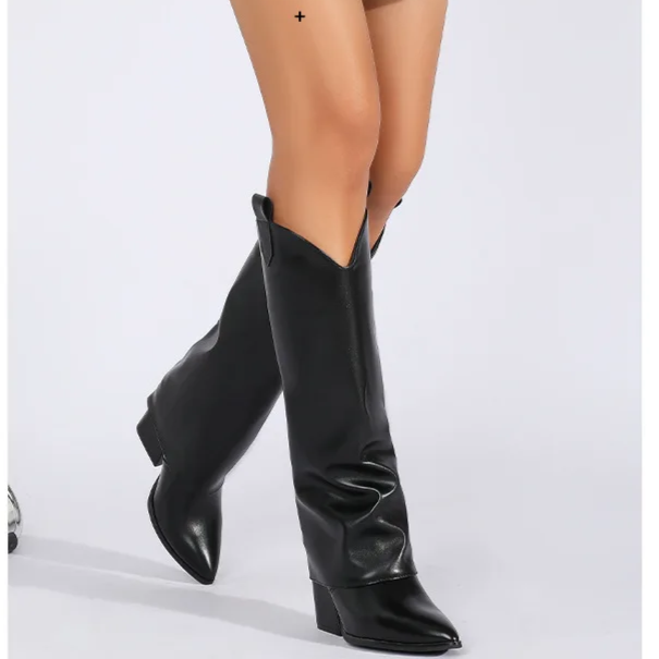 Black Western Style Boots With Covered Block Heel