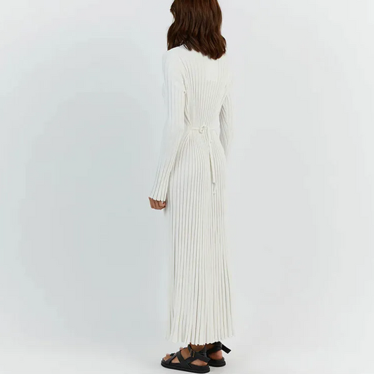 White Long Sleeve Knit Midi Dress