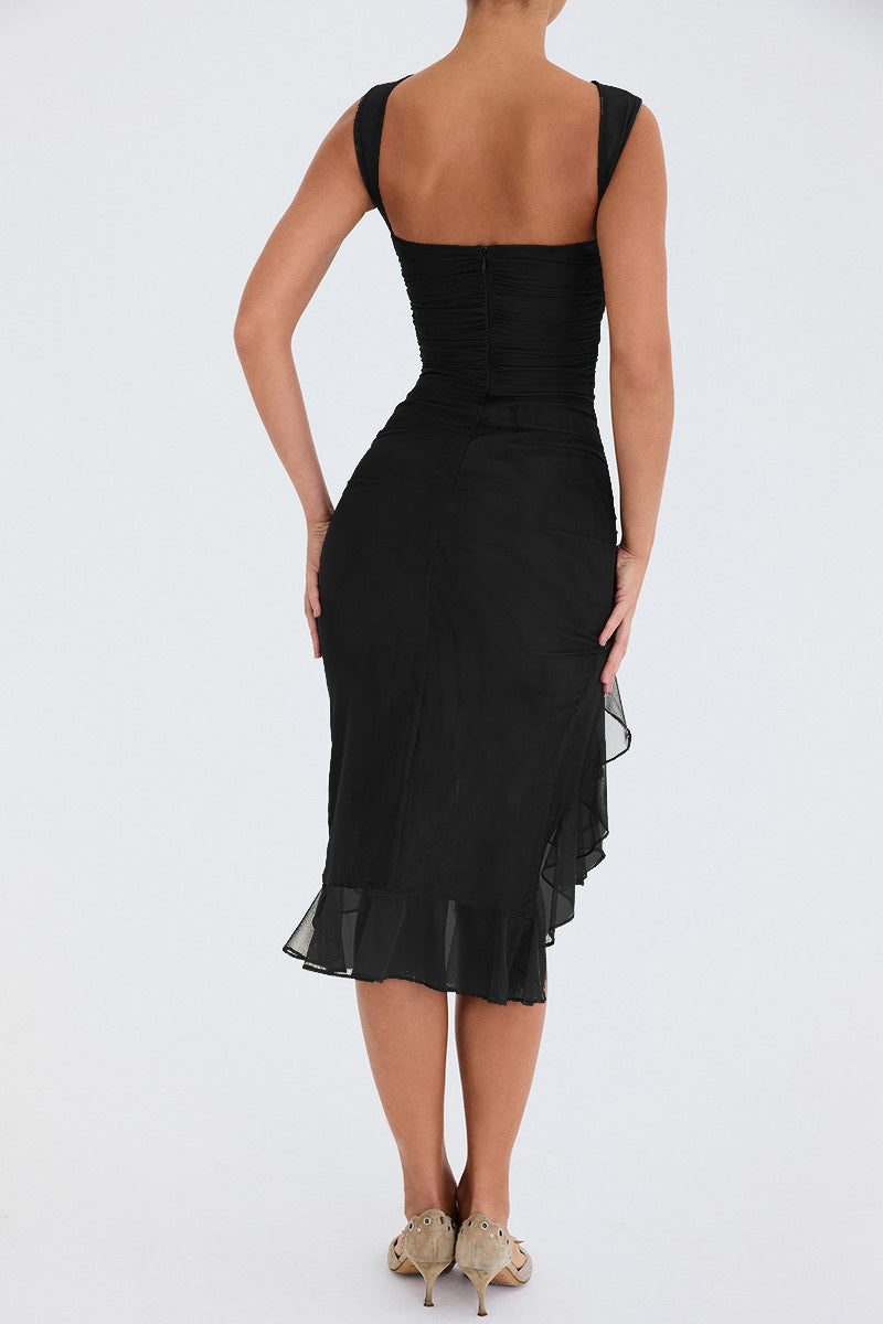 Black Sleeveless Backless Ruffle Midi Dress