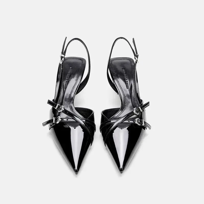 Black Strappy Pointed Toe Kitten Heels