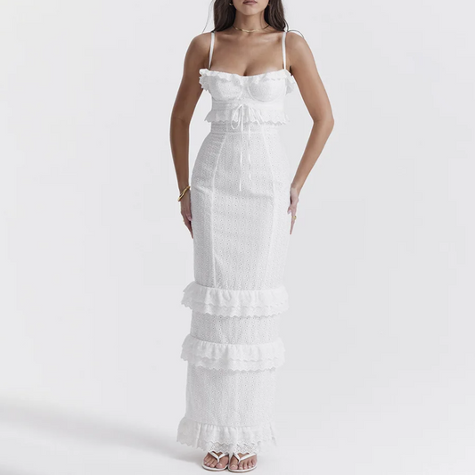 White Broderie Anglaise Maxi Ruffle Dress