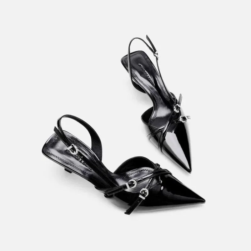 Black Strappy Pointed Toe Kitten Heels