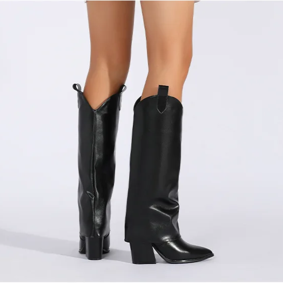 Black Western Style Boots With Covered Block Heel