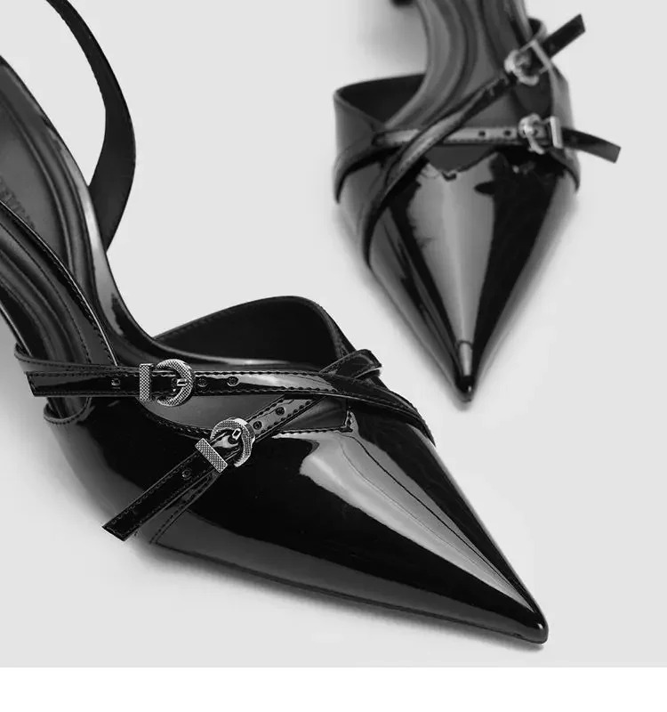 Black Strappy Pointed Toe Kitten Heels