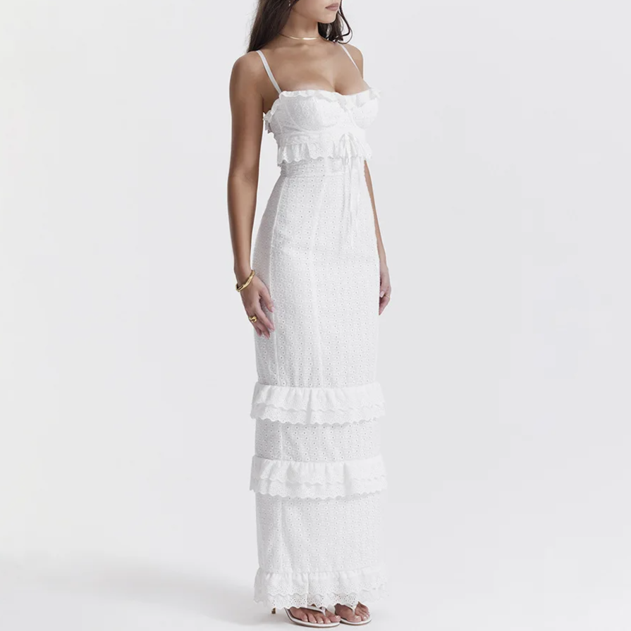 White Broderie Anglaise Maxi Ruffle Dress
