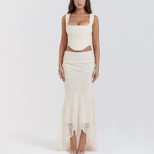 Cream Lace Details Midi Dress Set