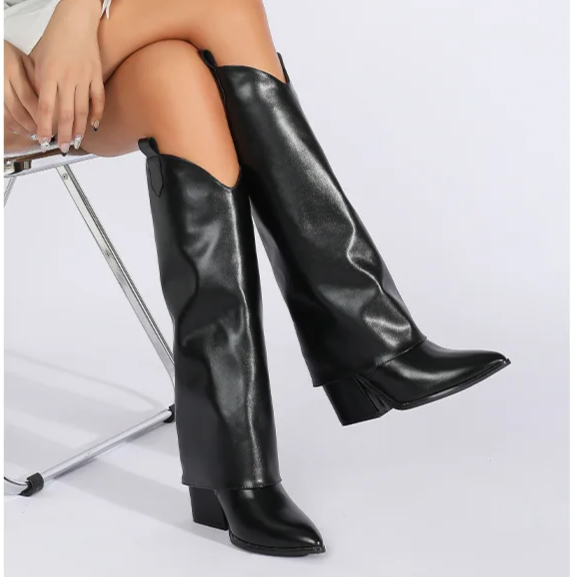 Black Western Style Boots With Covered Block Heel