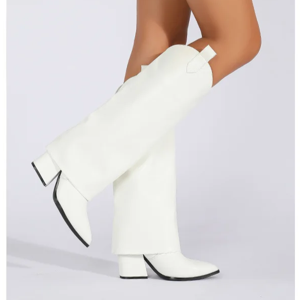 White Western Style Boots With Covered Block Heel