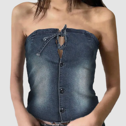 Blue Denim Button UP Strapless Cropped Top