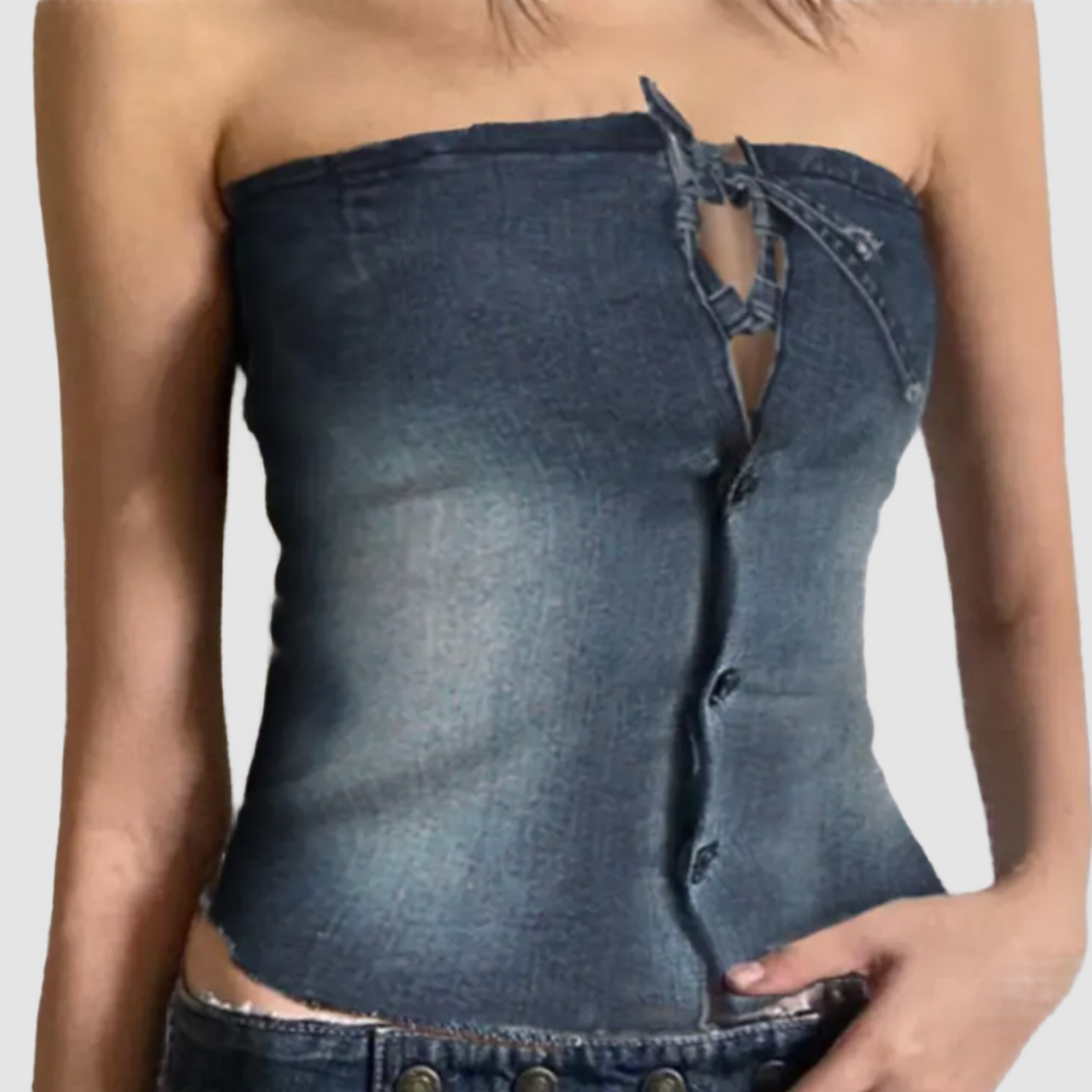 Blue Denim Button UP Strapless Cropped Top