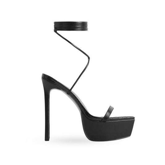 Black Lace-Up Square Toe Platform Sandals