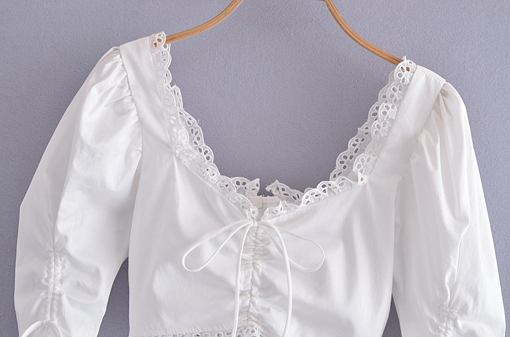 White Short Sleeves Lace Trim Cropped Top