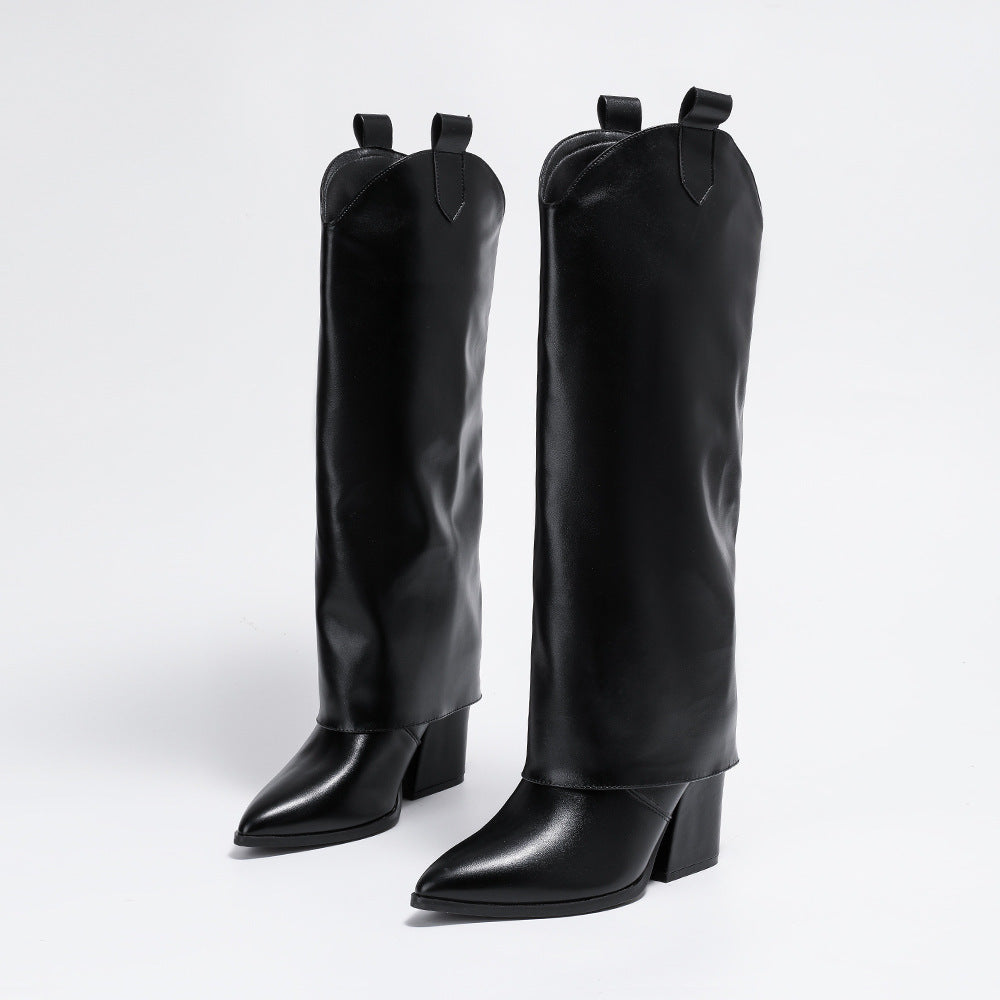 Black Western Style Boots With Covered Block Heel