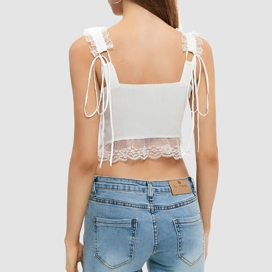 White Lace Trim Front Bow Knot Top