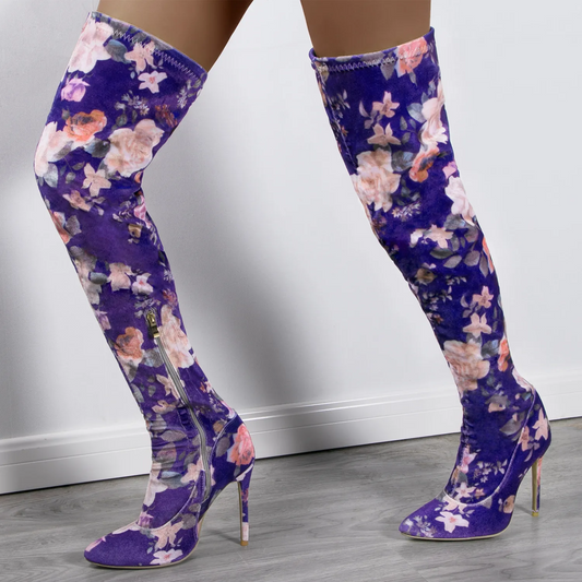 Floral Blue Thigh High Stiletto Heel Boots