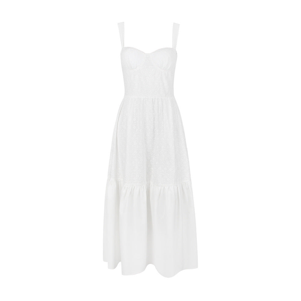 White broeadered Jacquard Midi A-Line Dress