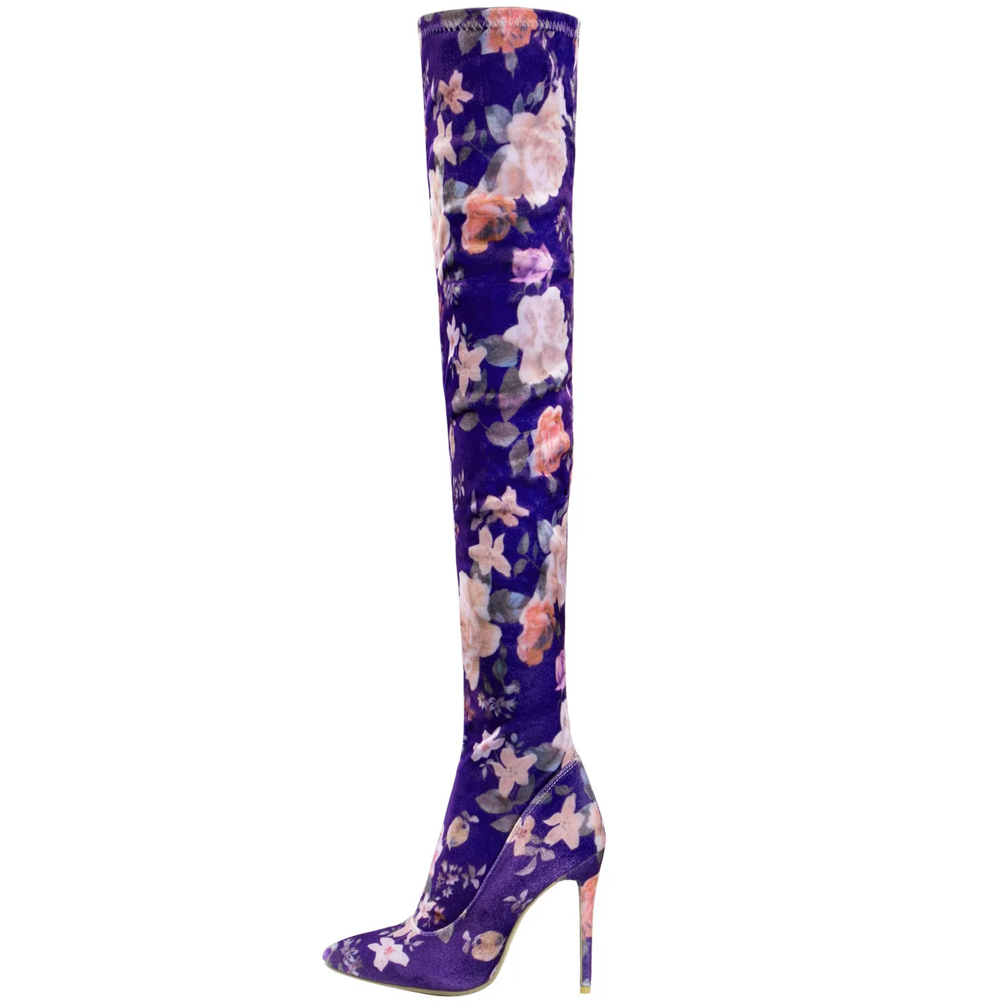 Floral Blue Thigh High Stiletto Heel Boots