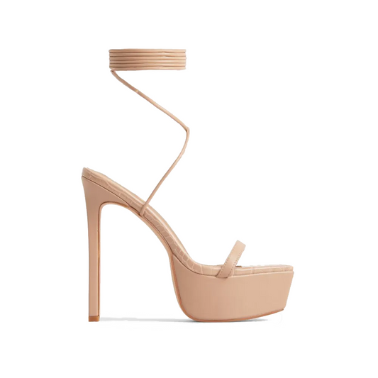 Nude Lace-Up Square Toe Platform Sandals