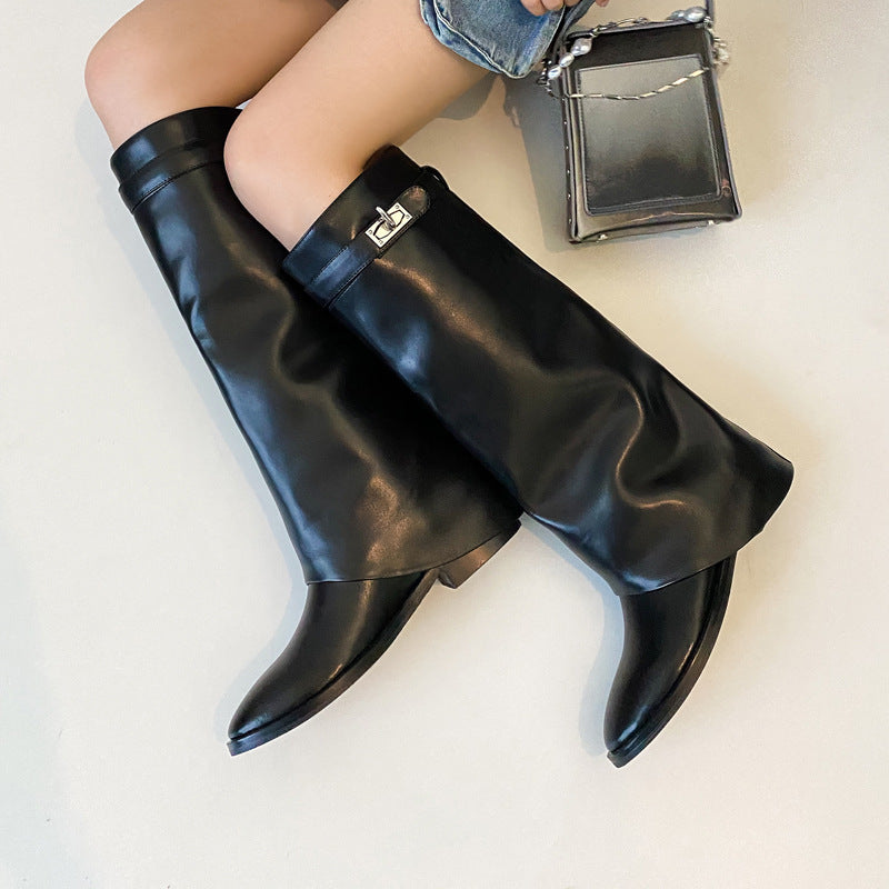 Black Flat Knee High Lock Pant Boots