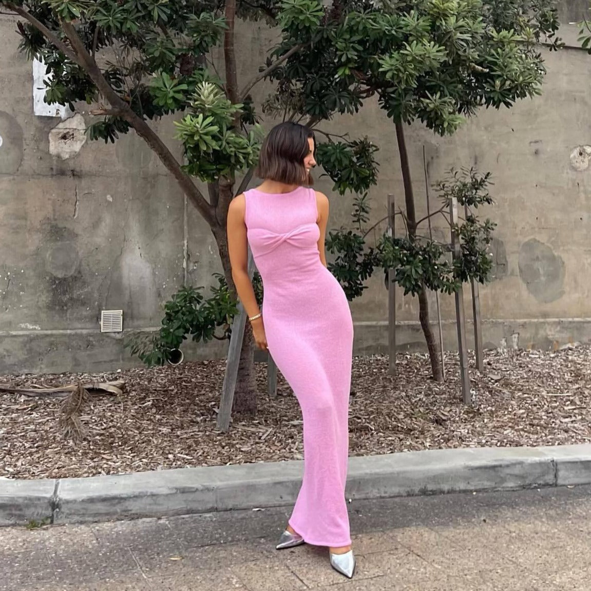 Pink Sleeveless See-Through Knit Maxi Dress