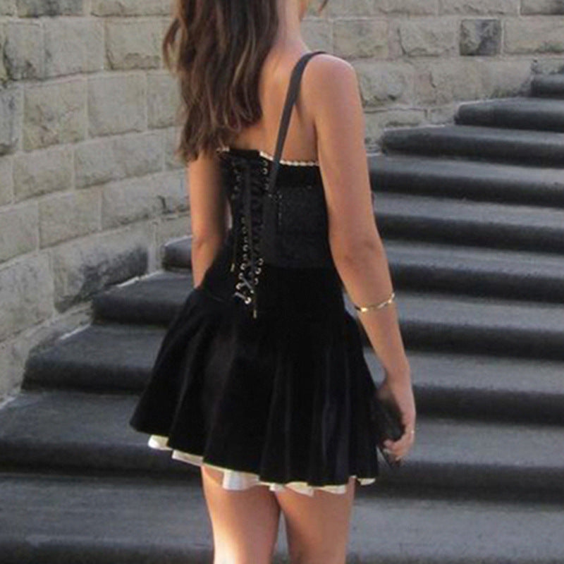 Pleated Trim Black Strapless Velvet Mini Dress