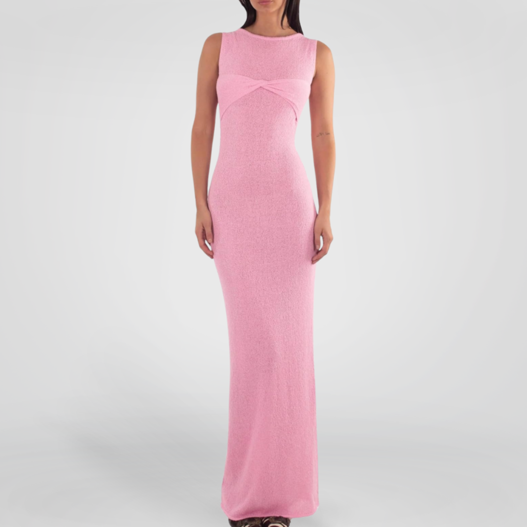 Pink Sleeveless See-Through Knit Maxi Dress