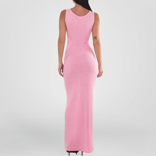 Pink Sleeveless See-Through Knit Maxi Dress