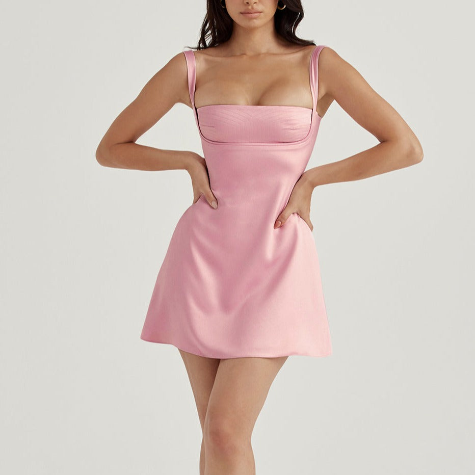 Pink Square Neck Satin Mini Dress
