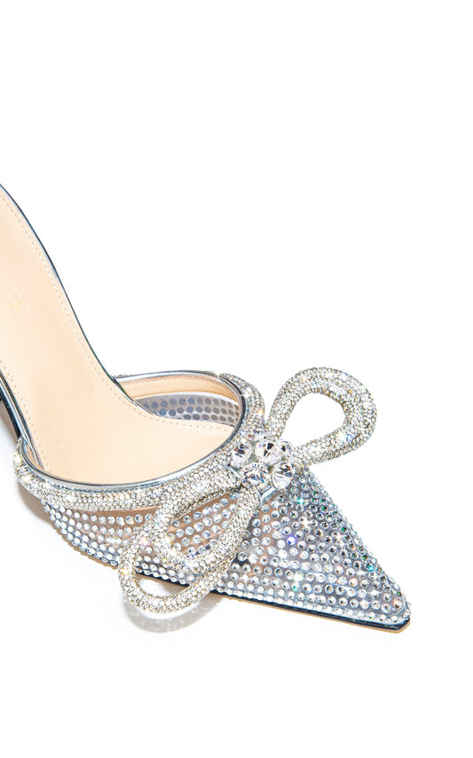 Crystal-embellished Pvc Heeled Sandals In Silver With Double Bows