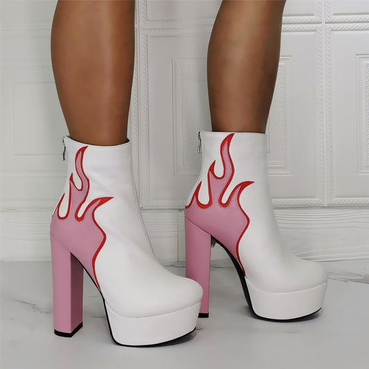 Pink Flames White Platform Retro Style Ankle Boots