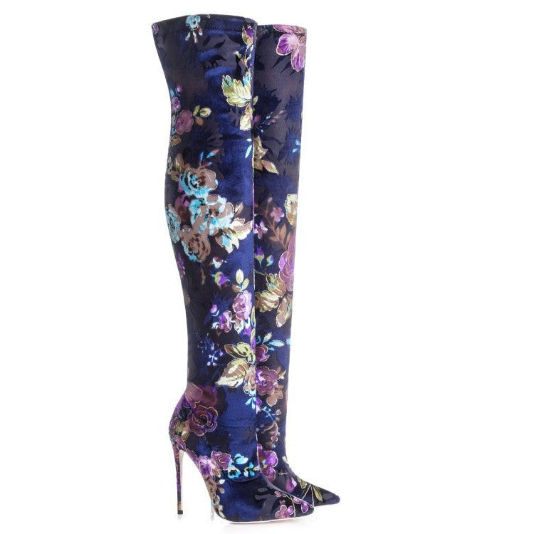 Floral Blue Thigh High Stiletto Heel Boots – ADONIS BOUTIQUE
