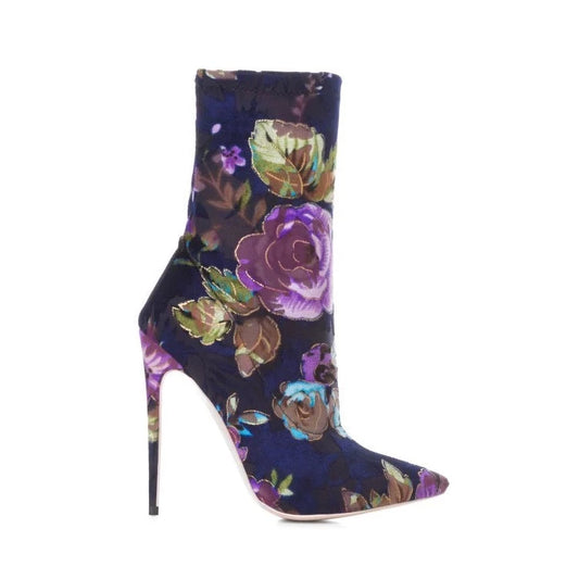 Floral Blue Ankle Stiletto Heel Boots