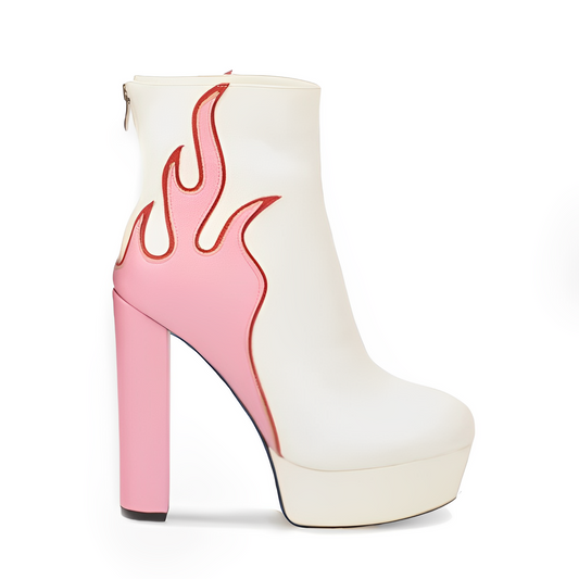 Pink Flames White Platform Retro Style Ankle Boots