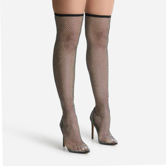 Rhinestone Fishnet Thigh High Boots