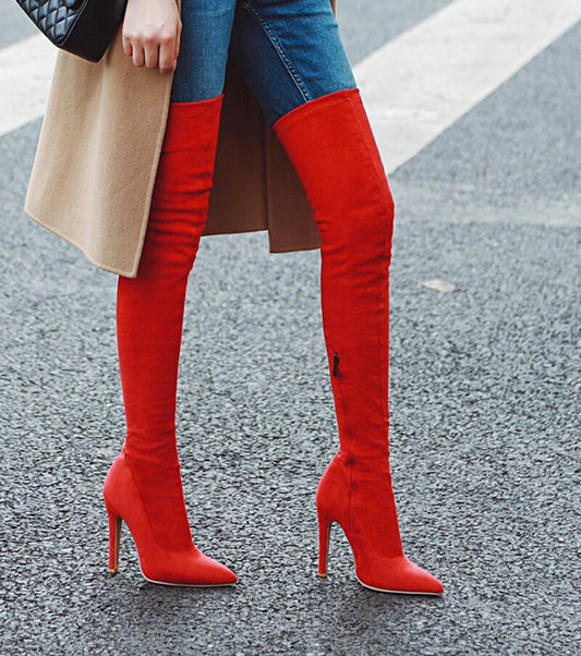 Red Stretch Suede Thigh High Boots