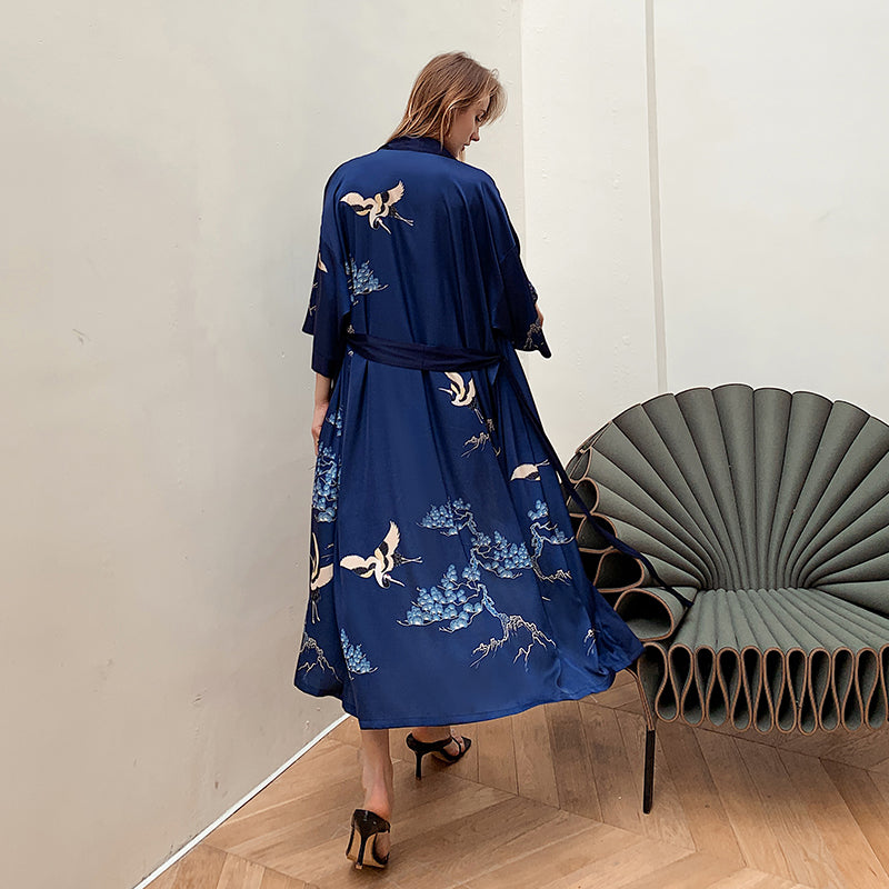 Blue Women's Light Luxury Silky Satin Kimono Robe