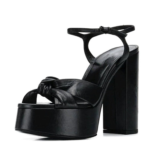 Black Leather High Heel Platform Sandals With a Bow knot