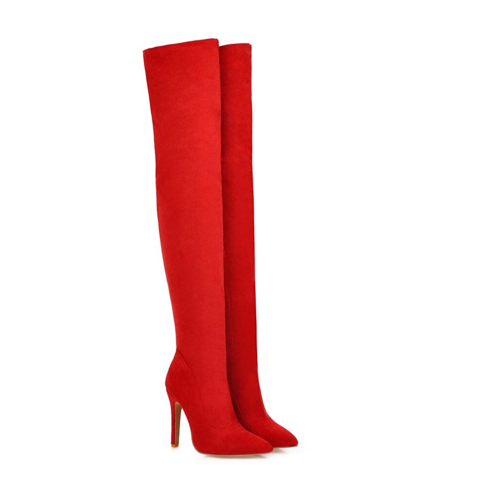 Red Stretch Suede Thigh High Boots