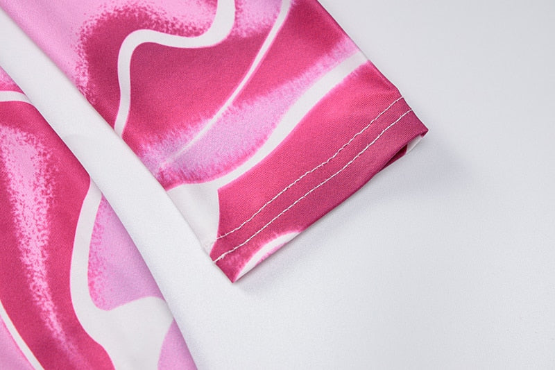 Pink Swirl Ruched Long Sleeve Midi Shirt Dress