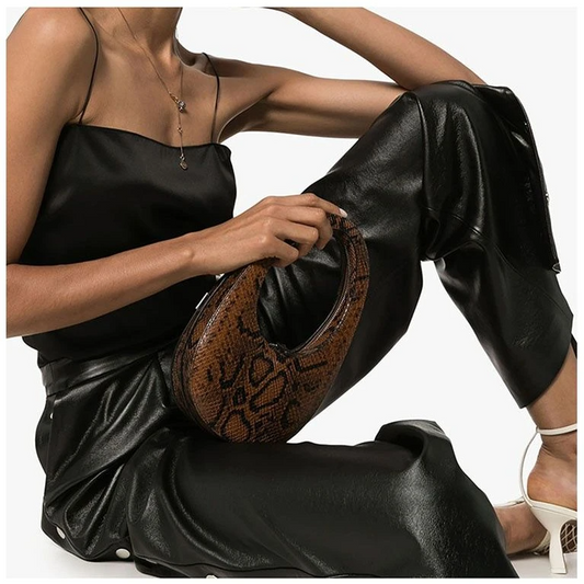 Brown Python Skin Shoulder Bag With Sleek Silver Accents