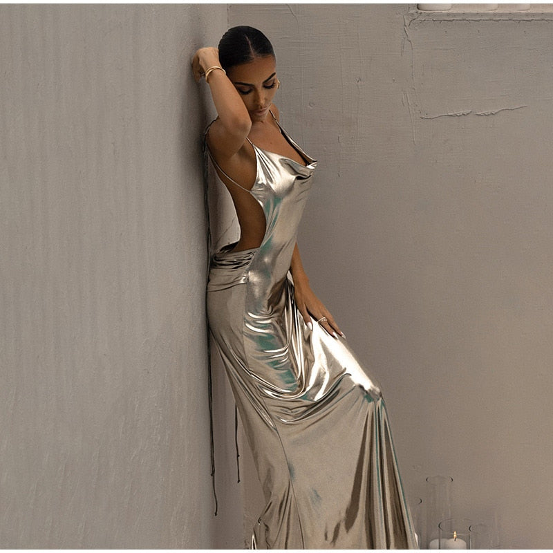 Metallic Shiny Backless Cowl V Neck Dress – ADONIS BOUTIQUE