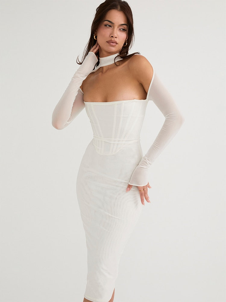 White Long Sleeve Mesh Corset Cocktail Midi Dress