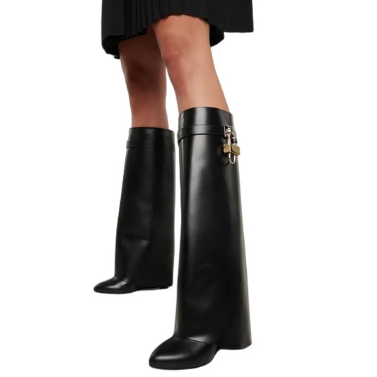 Black High Heel Knee High Lock Pant Boots