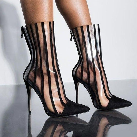 Black Clear Stripes Pointy Toe Stiletto Heel Ankle Booties