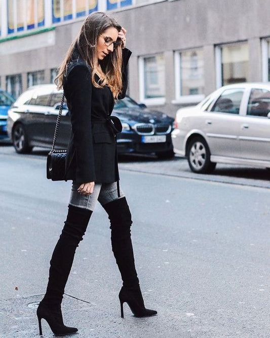 Black Stretch Suede Thigh High Boots