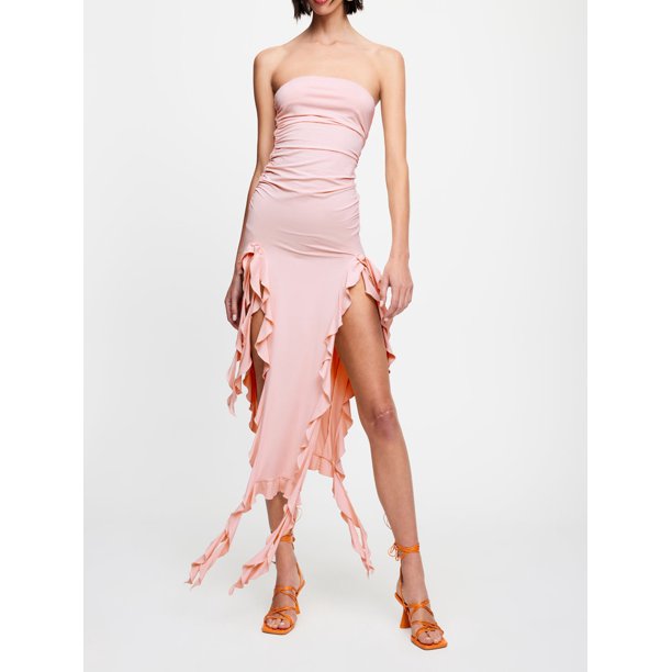 Pink Rushed Strapless Midi Dress