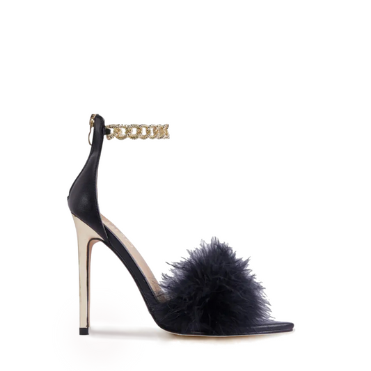 Black Feather Pointed-Toe Sandals With A Gold Ankle Strap