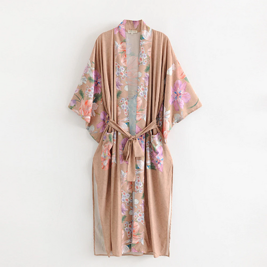 Blush Boho Floral Print Kimono Robe with Tie Waist