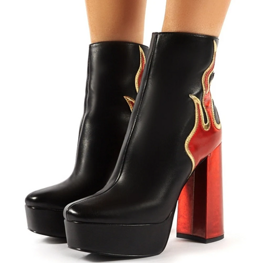 Red Flames Black Platform Retro Style Ankle Boots