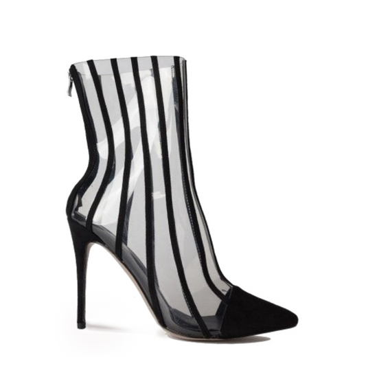 Black Clear Stripes Pointy Toe Stiletto Heel Ankle Booties